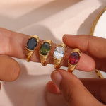 Load image into Gallery viewer, Strong Prong Setting Oval Cutt 3A Zircon Shiny Green Red Black White Stone Ring Stainless Steel 18K Gold Plated Rings For Women