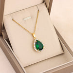 Load image into Gallery viewer, Light luxury retro green zircon crystal water drop pendant titanium steel necklace women's classic stainless steel collarbone
