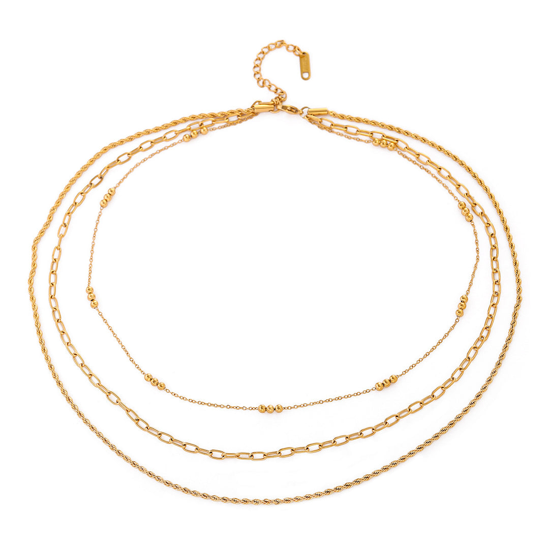 Stainless steel triple beaded loop chain Fried Dough Twists chain three-layer necklace beach style necklace