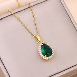 Load image into Gallery viewer, Light luxury retro green zircon crystal water drop pendant titanium steel necklace women's classic stainless steel collarbone
