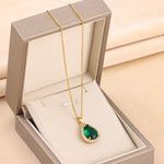 Load image into Gallery viewer, Light luxury retro green zircon crystal water drop pendant titanium steel necklace women's classic stainless steel collarbone
