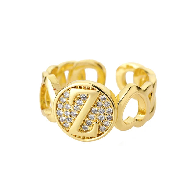 Rainbow Zircon Letter Rings for Women Gold Color Stainless Steel Initial Ring Adjustable Wedding Couple Rings Boho Jewelry Bague