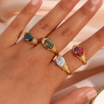 Load image into Gallery viewer, Strong Prong Setting Oval Cutt 3A Zircon Shiny Green Red Black White Stone Ring Stainless Steel 18K Gold Plated Rings For Women

