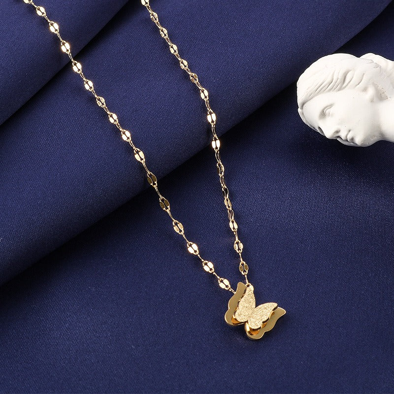 Stainless steel double layer butterfly necklace women's clavicle chain