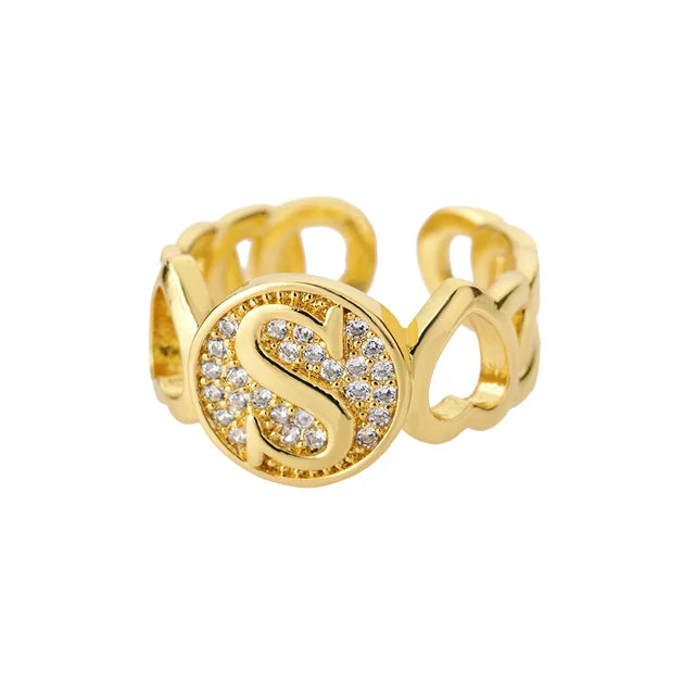 Rainbow Zircon Letter Rings for Women Gold Color Stainless Steel Initial Ring Adjustable Wedding Couple Rings Boho Jewelry Bague