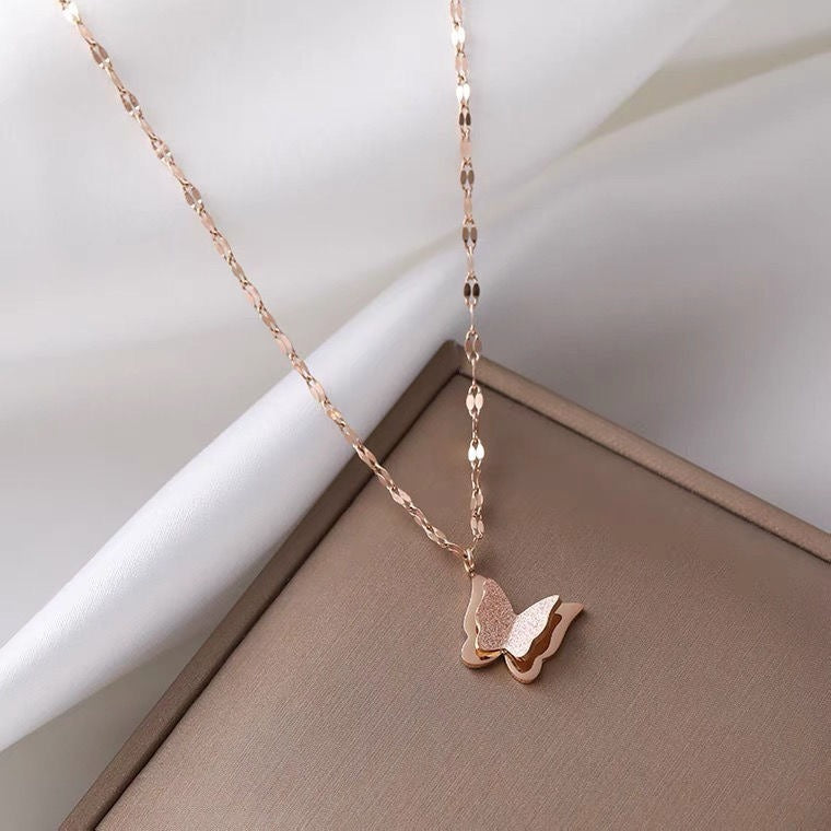 Stainless steel double layer butterfly necklace women's clavicle chain
