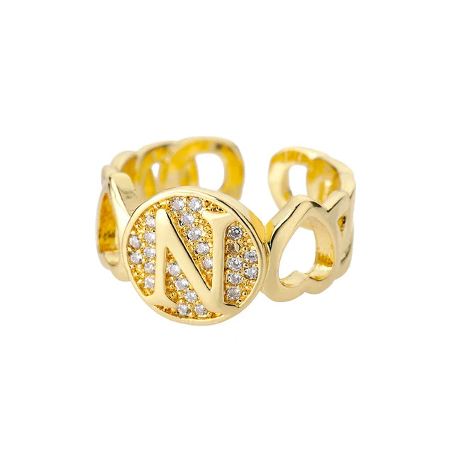 Rainbow Zircon Letter Rings for Women Gold Color Stainless Steel Initial Ring Adjustable Wedding Couple Rings Boho Jewelry Bague