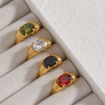 Load image into Gallery viewer, Strong Prong Setting Oval Cutt 3A Zircon Shiny Green Red Black White Stone Ring Stainless Steel 18K Gold Plated Rings For Women
