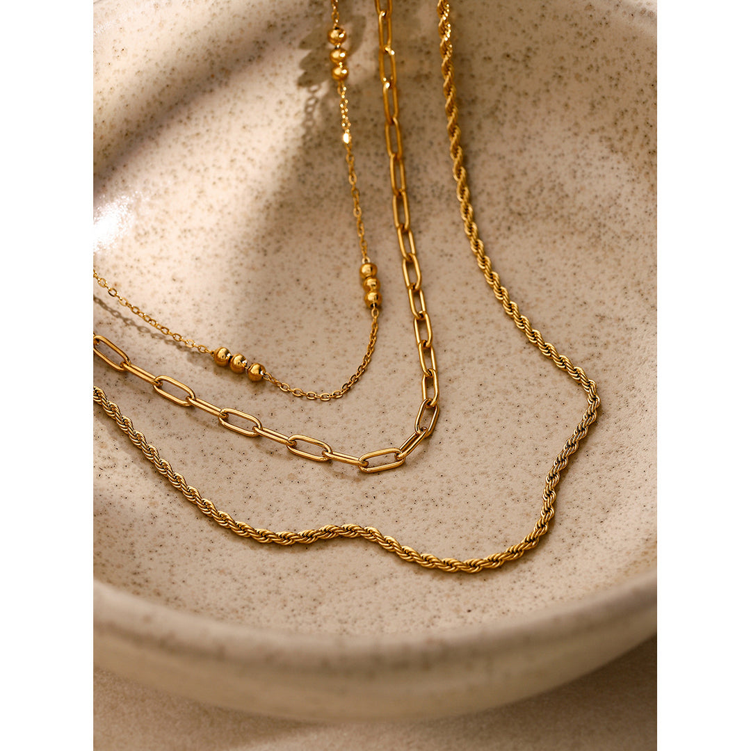 Stainless steel triple beaded loop chain Fried Dough Twists chain three-layer necklace beach style necklace